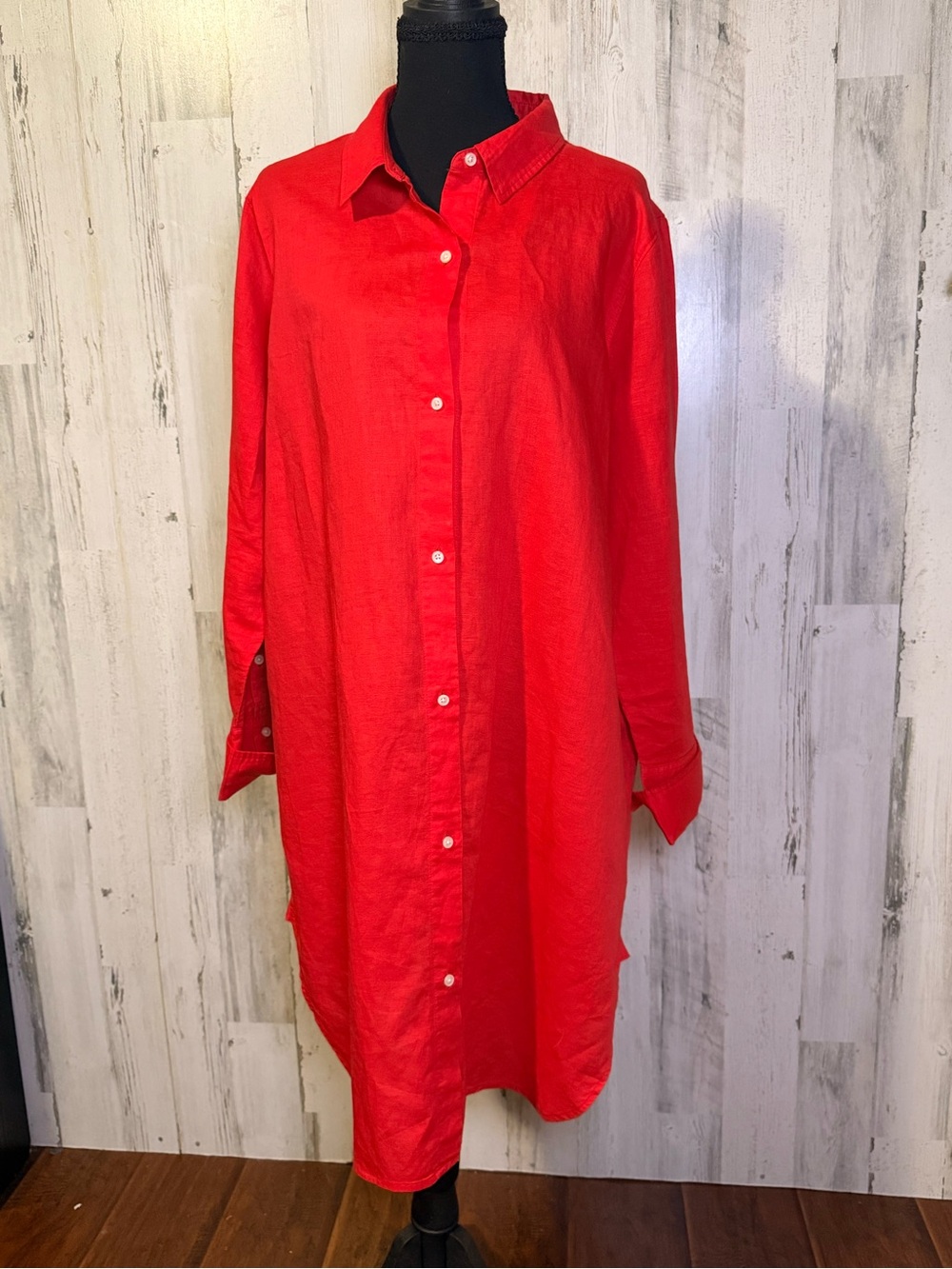 J.Crew Orange Red Linen Button-Down Long Shirt Dress Tunic Size XL - Picture 3 of 13